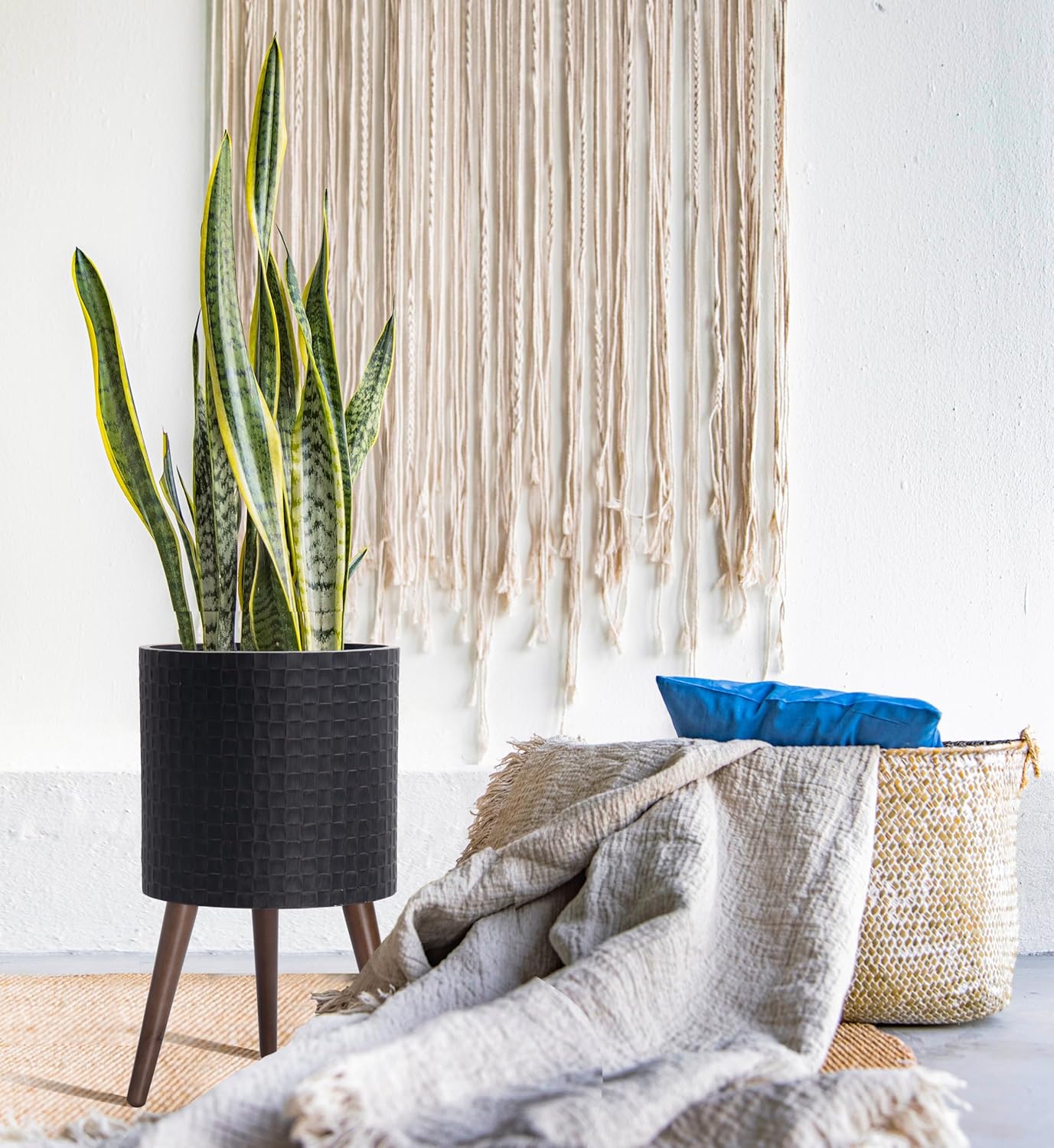 D'vine Dev 12 Inch Modern Geometric Tile Patterned Sleek Planter Pot with Stand, Indoor Outdoor Decorative Plant Holder, Distressed Black, 88-Z-C-5