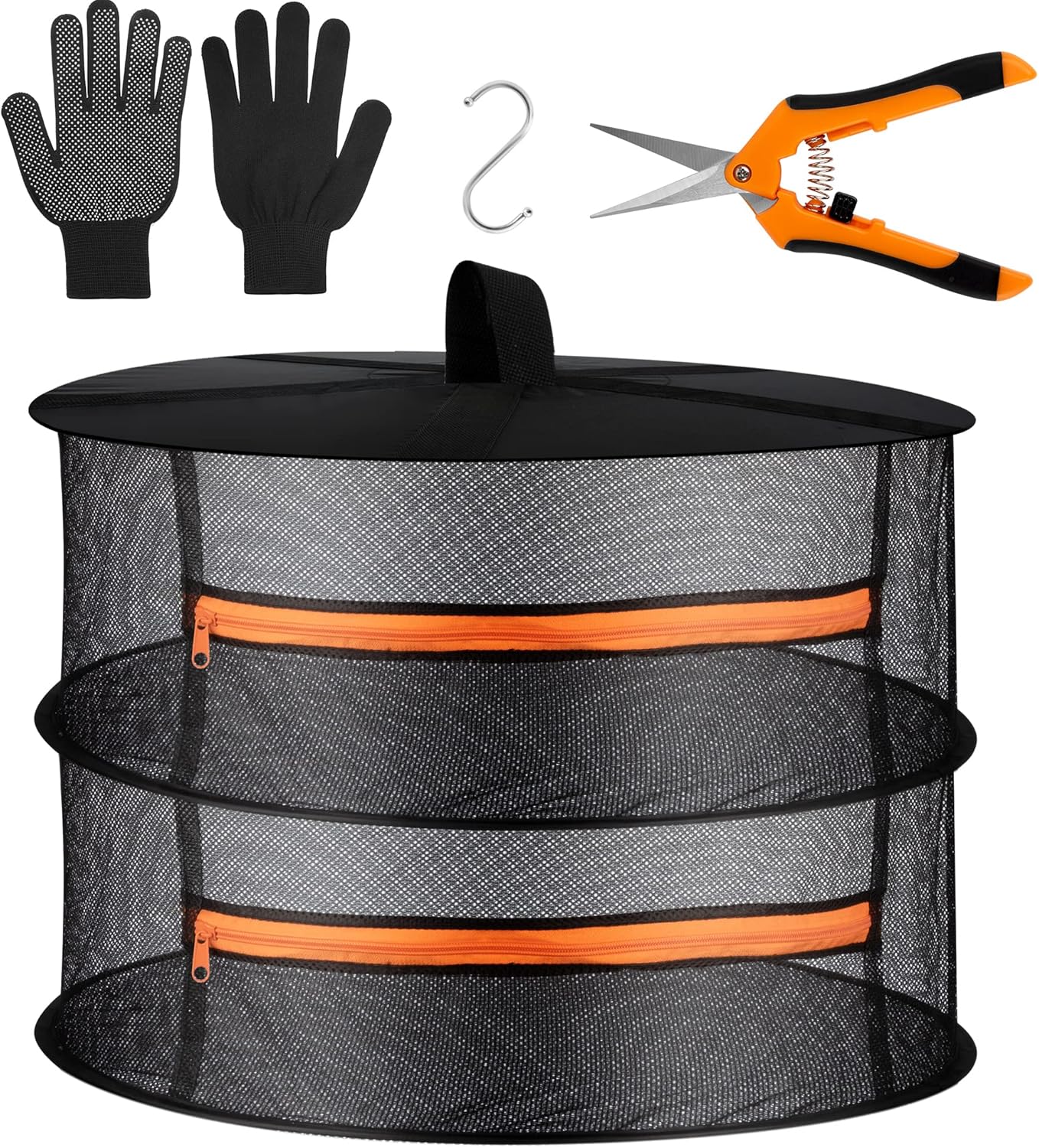 Desy & Feeci Herb Drying Rack- 2ft Diameter 2 Layer Folding Mesh Hanging Basket Dryer Net with Zippers for Seeds Flowers Buds Plants Garden Outdoor Bumper Harvest(D24xH16 inch)