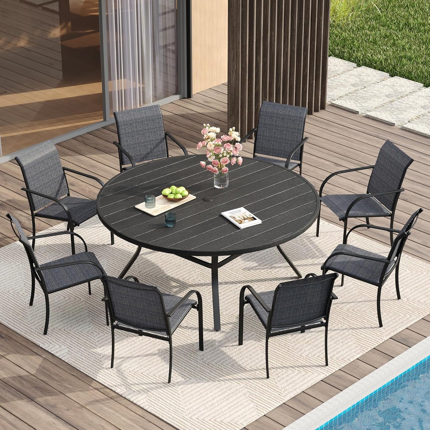 VICLLAX Patio Dining Set for 8, 9 Pieces Outdoor Furniture Set Includes 56.3" Round Patio Table and 8 Patio Stackable Chairs, Outdoor Table and Chairs for Outsides, Black Tabletop and Dark Grey Fabric