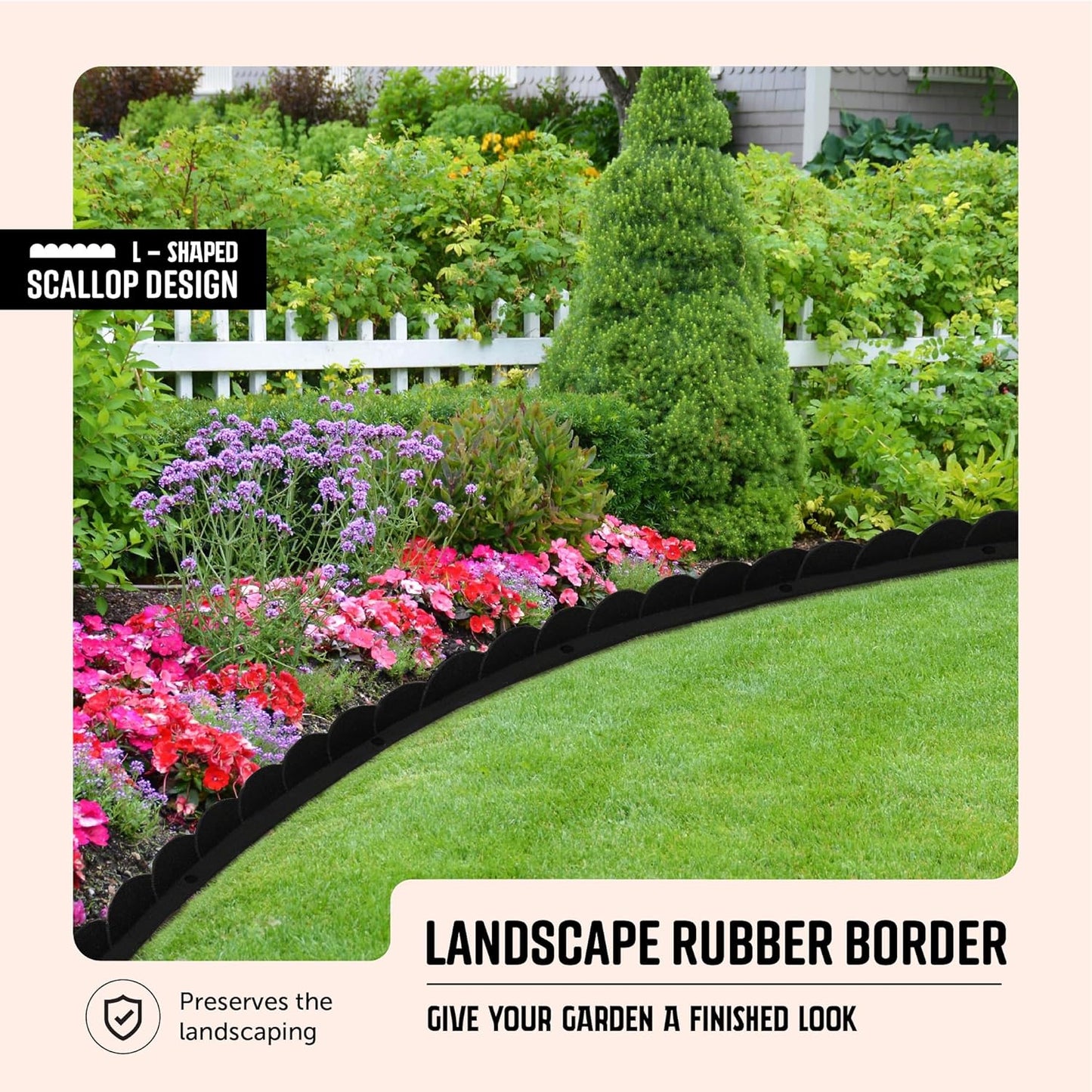Playsafer L Shaped Flexible Rubber Scalloped Edger for Lawns Landscaping and Playground | Easy No Dig Installation| 4' Long (4, Black)
