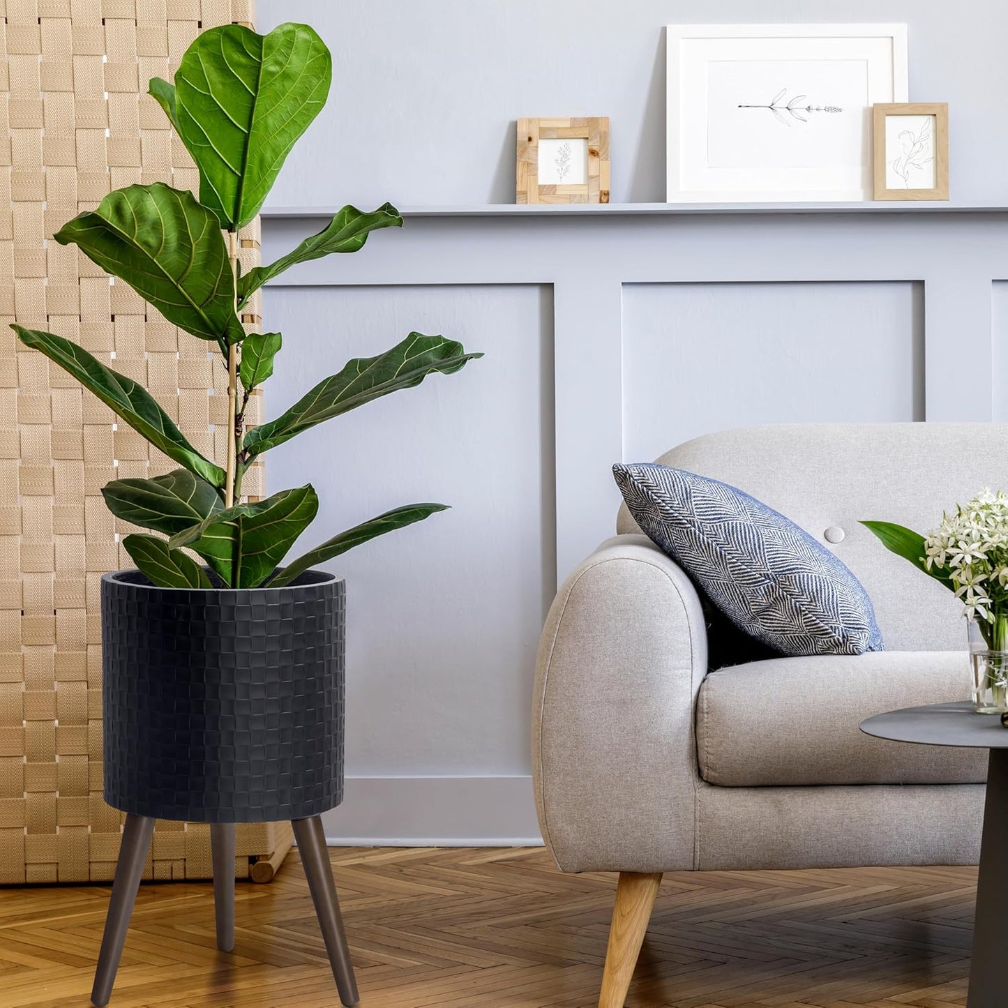 D'vine Dev 12 Inch Modern Geometric Tile Patterned Sleek Planter Pot with Stand, Indoor Outdoor Decorative Plant Holder, Matte Black, 88-Z-C-2