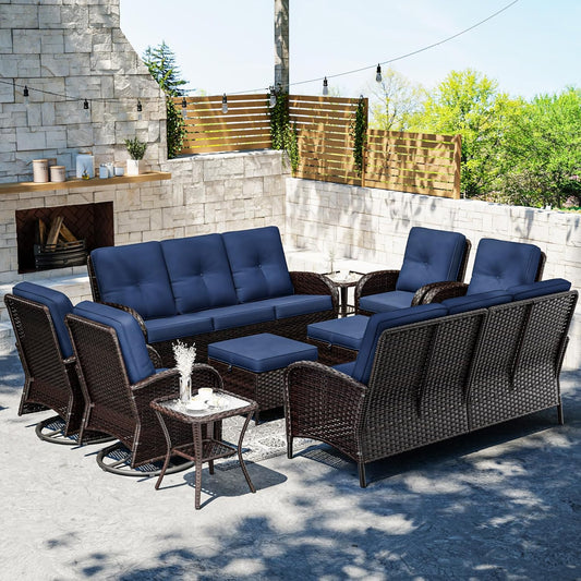 Joyside 10 Piece Patio Furniture Set, Outdoor Wicker Conversation Sets with Swivel Rocker Chairs and Sofa, Thick Cushion, Rattan Patio Sectional for Porch, Deck Use (Brown/Blue, 10 PCS)
