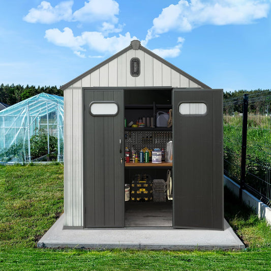 Domi 6x4 FT Outdoor Resin Storage Shed, All-Weather Double-Wall Storage Building for Backyard, Garden, Lawn Tools, Mower, Bike & Pool Equipment, Lockable Doors, Ventilated Roof, Grey