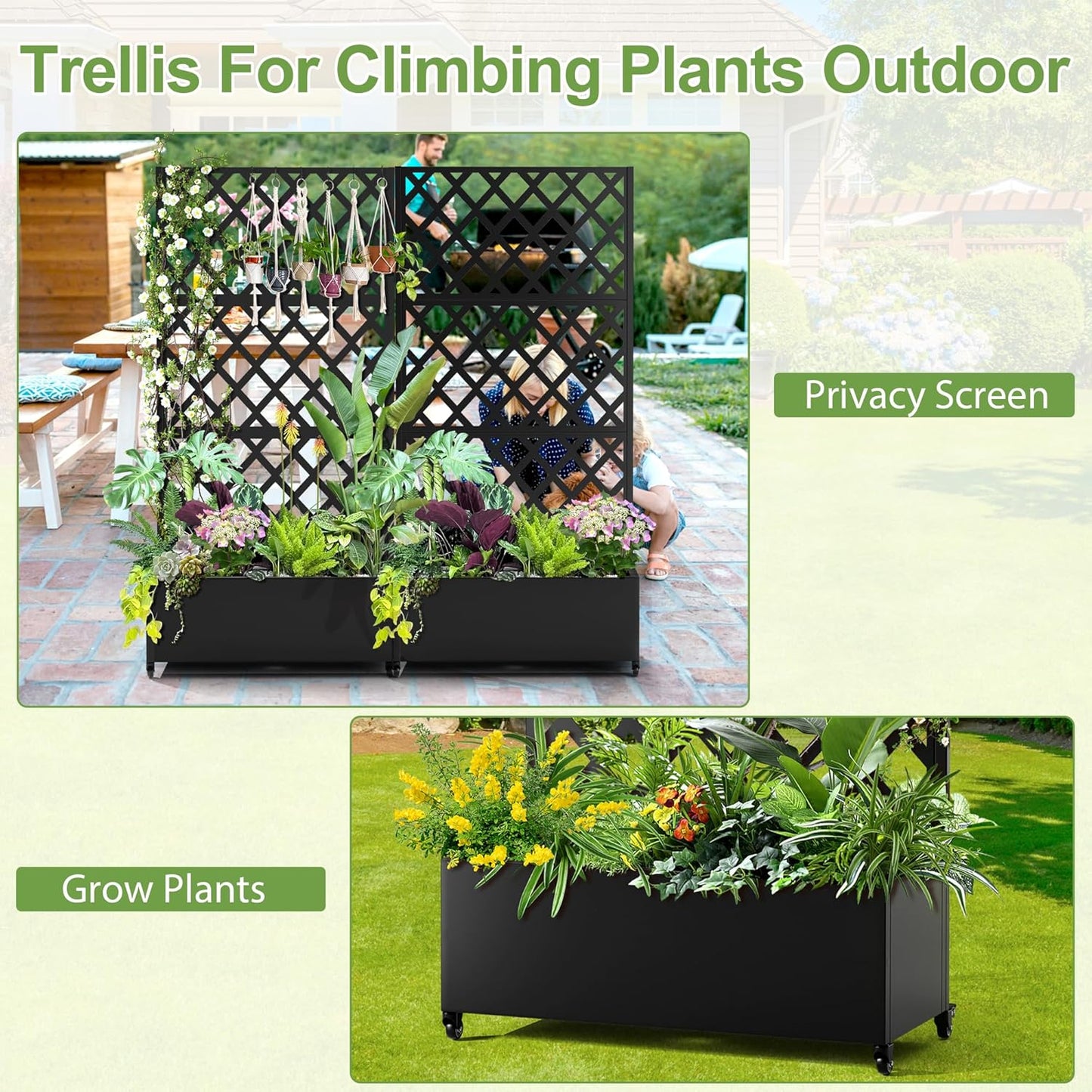 Metal Planter Trellis Box with Wheels & Drain Plug Outdoor Raised Garden Bed Patio Privacy Screen with Planter for Climbing Plants, Vegetables 73"x35"x16" Black-Diamond