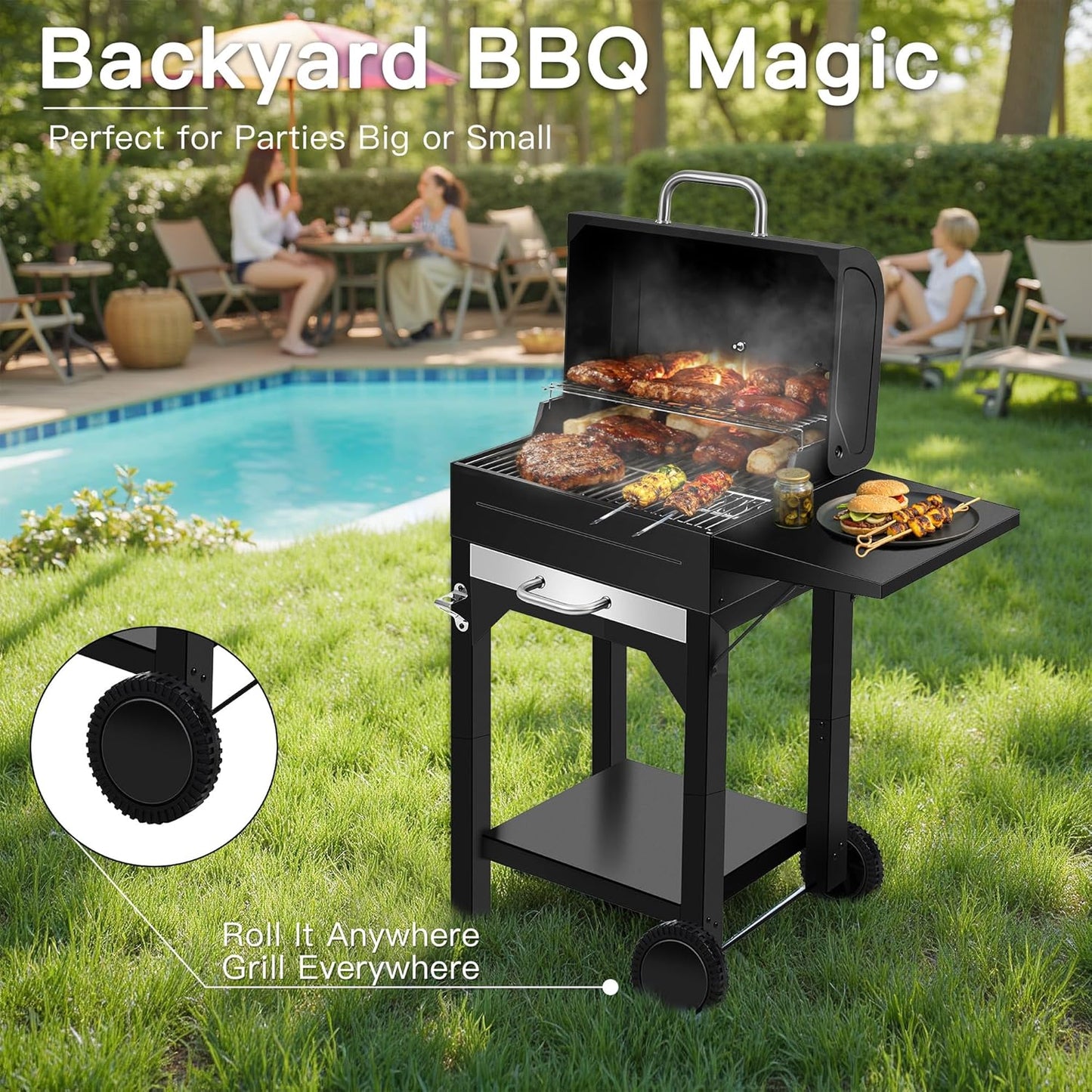 MBY Charcoal Smoker Grill Combo with Offset Firebox – Heavy Duty BBQ Grill with Side Shelf & Warming Rack, Portable for Outdoor Cooking, Backyard, Camping, Tailgating