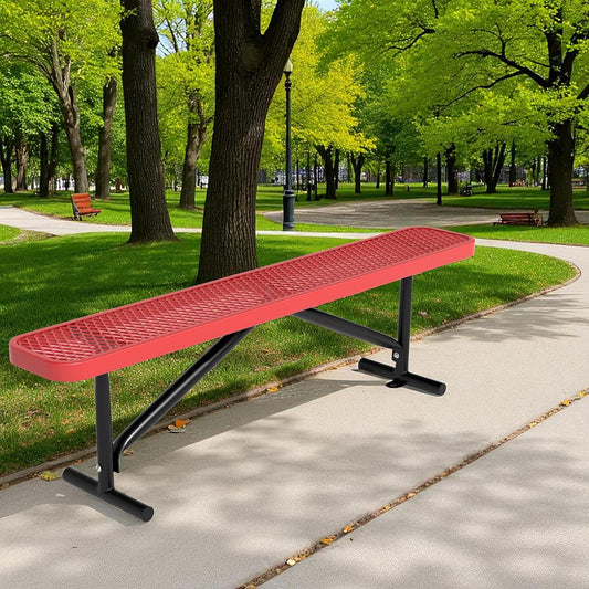 48" L Outdoor Steel Flat Bench, Heavy Duty Metal Park Bench for Outside, Expanded Metal, Commercial Benches Mesh Bench for Shopping Mall, Store, Lawn, Park, Patio, Deck, Garden (Red, 6FT)