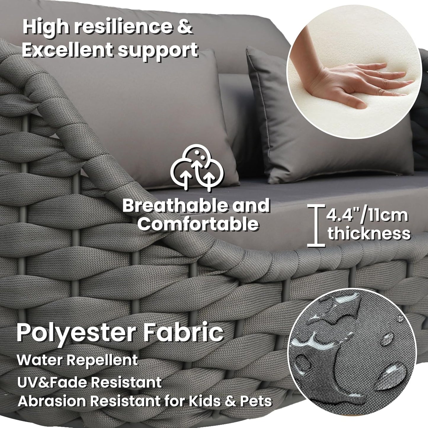 Lanai Outdoor Furniture Set: 6-Piece Aluminum Woven Rope Patio Conversation Set - Modern Cushions Sofa Set Assembled - Porch Seating Couch Set for Deck Yard Garden Pool Hotel Resort, Dark Grey