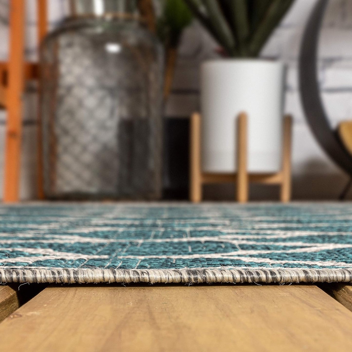 Eyely BMS109E-4SQ Santa Monica Trebol Moroccan Trellis Textured Weave, Pet Friendly, Non-Shedding, Stain Resistant, Easy-Cleaning, Teal/Gray, 4' Square, Indoor/Outdoor, Area Rug