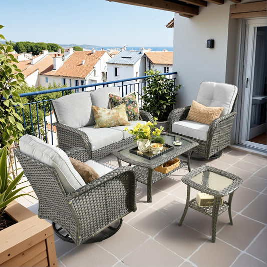 HOOOWOOO Patio Furniture Set,5 Pieces Outdoor Conversation Set,All Weather Wicker Loveseat Sofa Set with High Back Swivel Rocking Chairs Tables,Light Gray