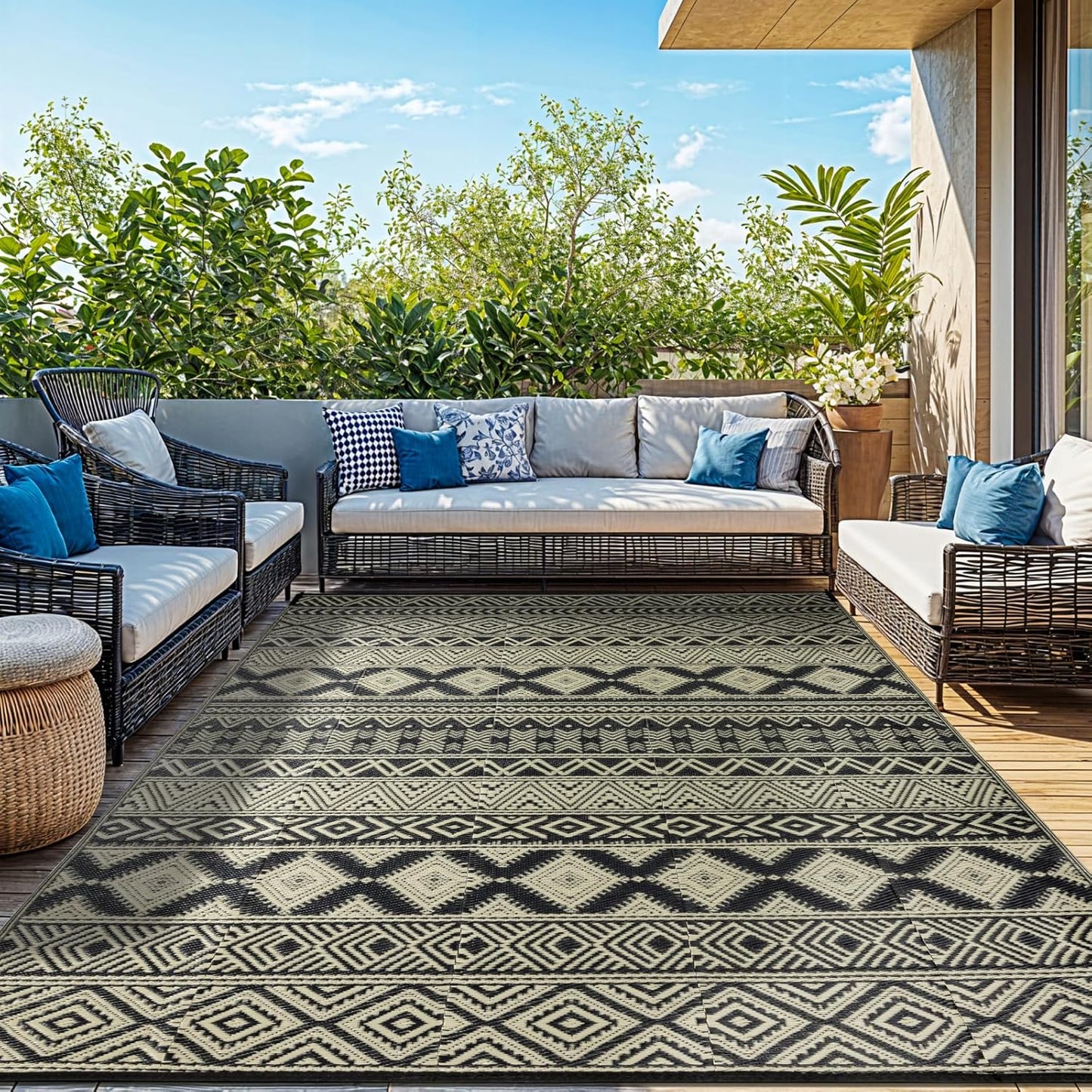 8'x10' Plastic Outdoor Rug - Plastic Straw Rug-Heavy-Duty Waterproof Mat, UV & Fade Resistant for Patio, Camping, RV, Deck, Balcony(8x10,Black&Beige)