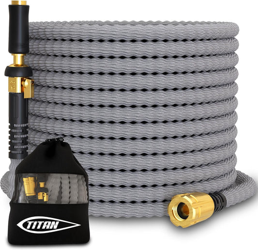 TITAN Flexible Garden Hose 50FT – Ultra Lightweight, Heavy Duty Water Hose with Brass Fittings & Jet Nozzle – Kink-Free, Non-Expanding, Durable Fabric Hose for Yard, Lawn, Car Wash, Outdoor Use