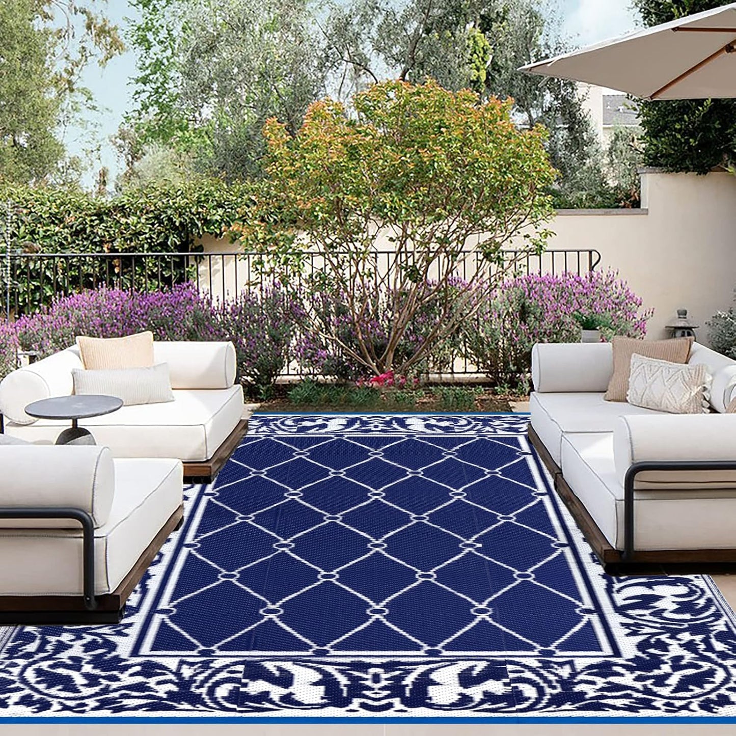 OutdoorLines Indoor Outdoor Rug for Patio 6x9 ft - Reversible Outside Carpet, Stain & UV Resistant Portable RV Mat, Plastic Straw Rug for Camping, Pool Deck, Porch Rhombus Navy & White