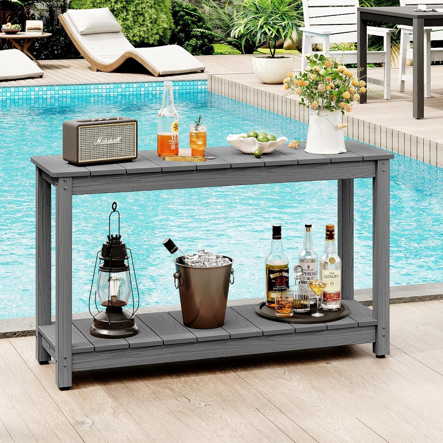 Outdoor Console Table, 48" Weather Resistant HIPS Patio Side Table, 440LBS Weight Capacity, 2-Tier Multifunctional Buffet Bar Storage Organizer for Garden Deck, Gray