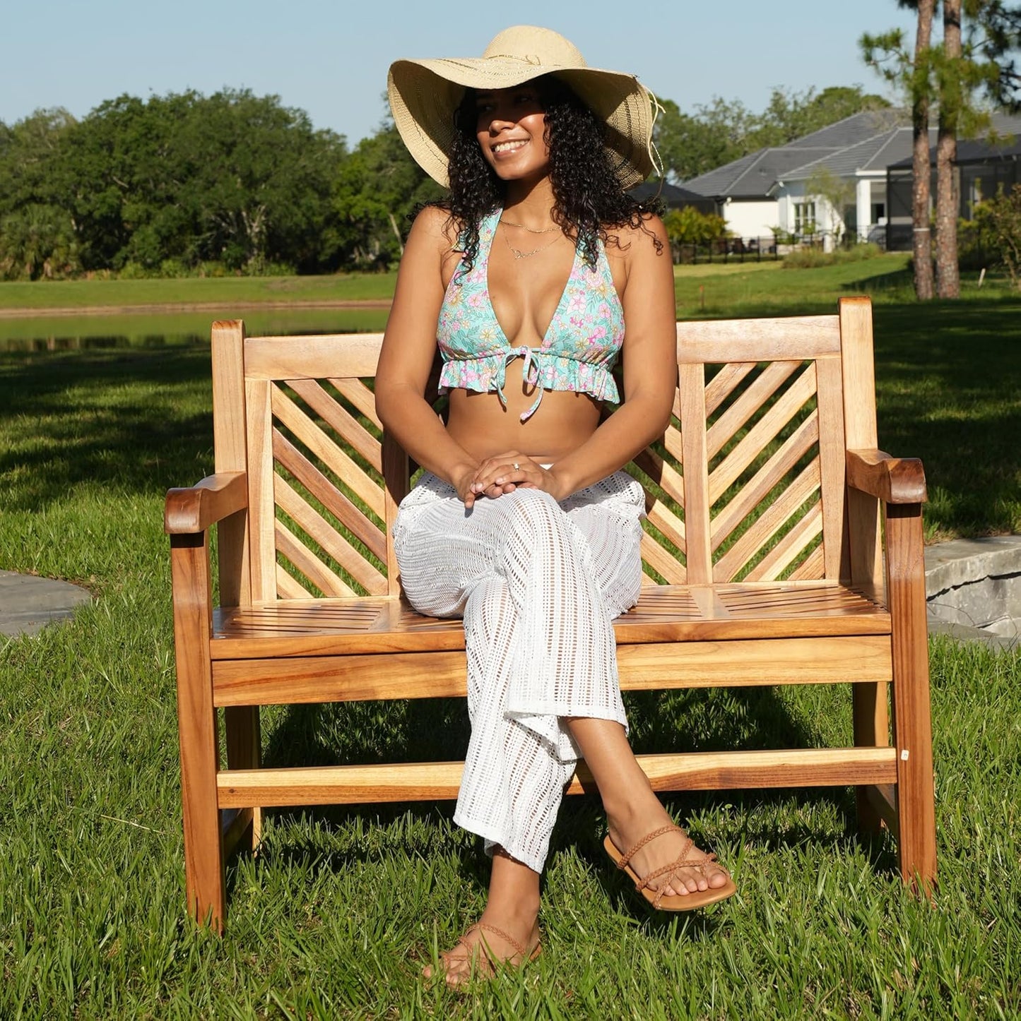 EcoDecors Eleganto 41 inch Outdoor Bench Teak Wood Garden Bench for Patio with Armrests and Backrest for Indoor Use and Outdoor, in Natural Color