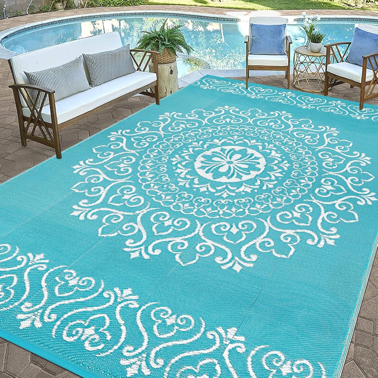 Pauwer Waterproof Outdoor Rug 9x12, Reversible Plastic Straw Patio Camping Rug, Indoor Outdoor RV Mat Carpet for Deck, Camper, Porch, Balcony, Backyard, Picnic, Floral Teal