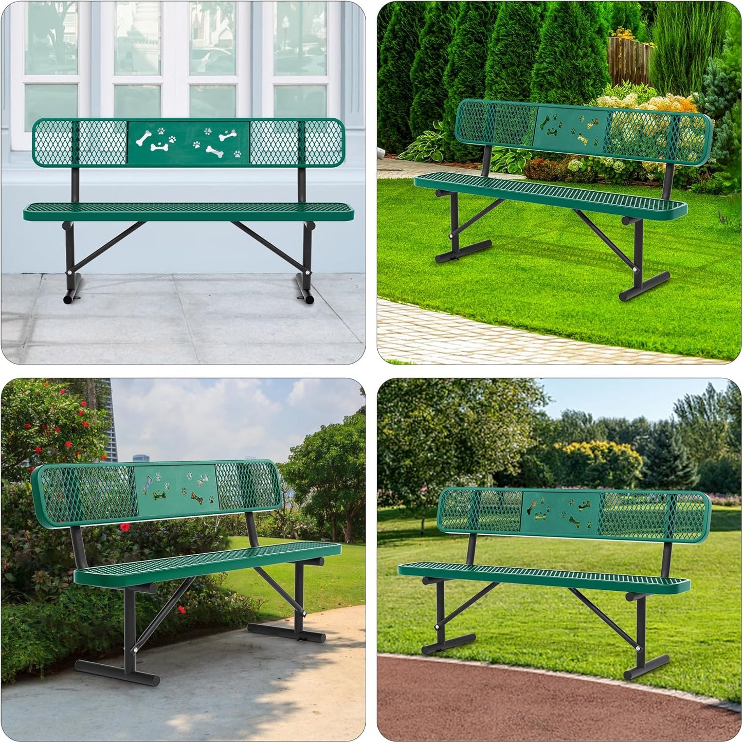 6 Feet Steel Park Bench for Outside, Outdoor Bench with Backrest & Portable Frame, Commercial Benches for Parks, School, Patio, Deck, Store,Green