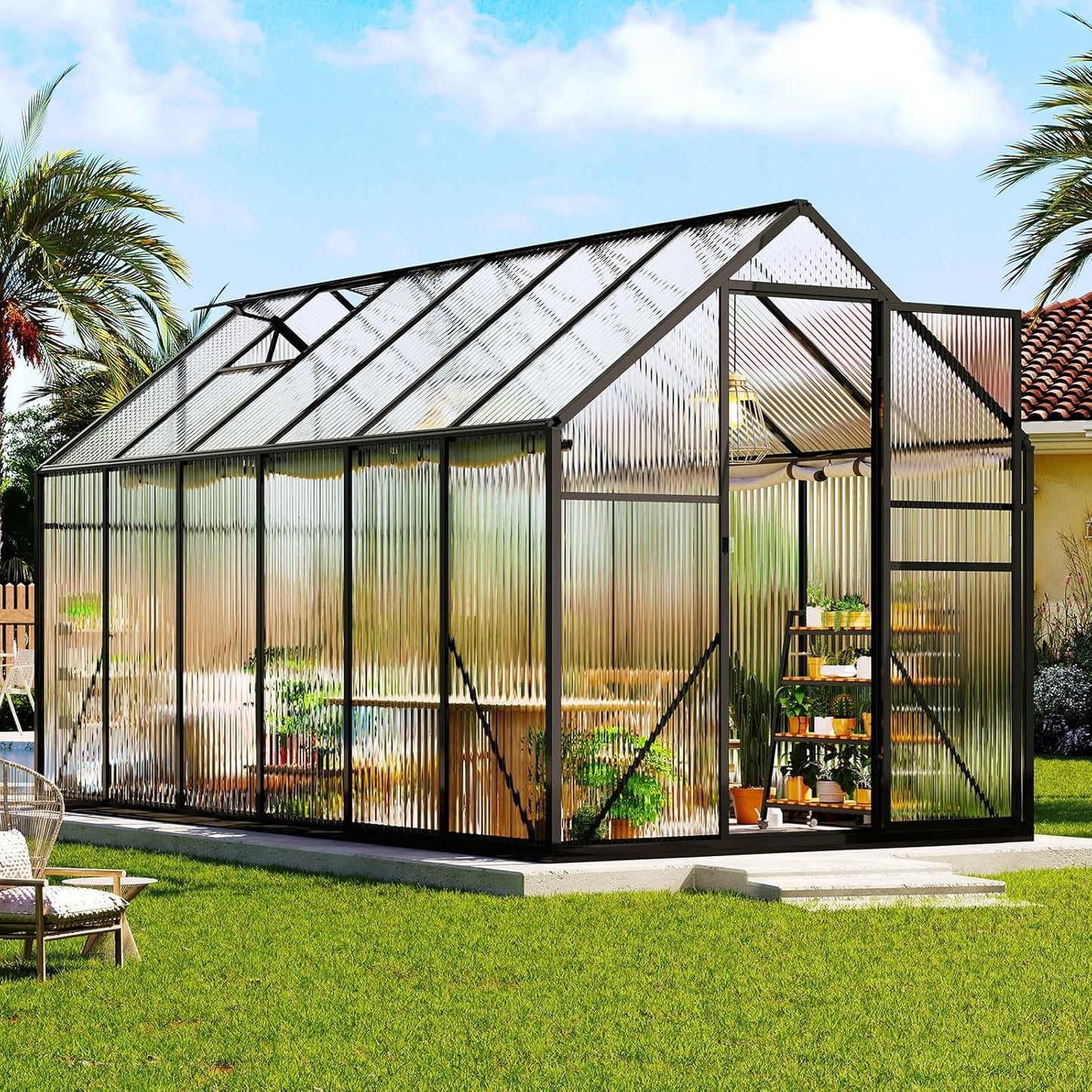 Amerlife 6x12x6.3 FT Ft Polycarbonate Greenhouse for Outdoors, Walk-in Design with Aluminum Frame, 2 Windows and Swing Door, Heavy-Duty Greenhouse Construction for Garden, Black