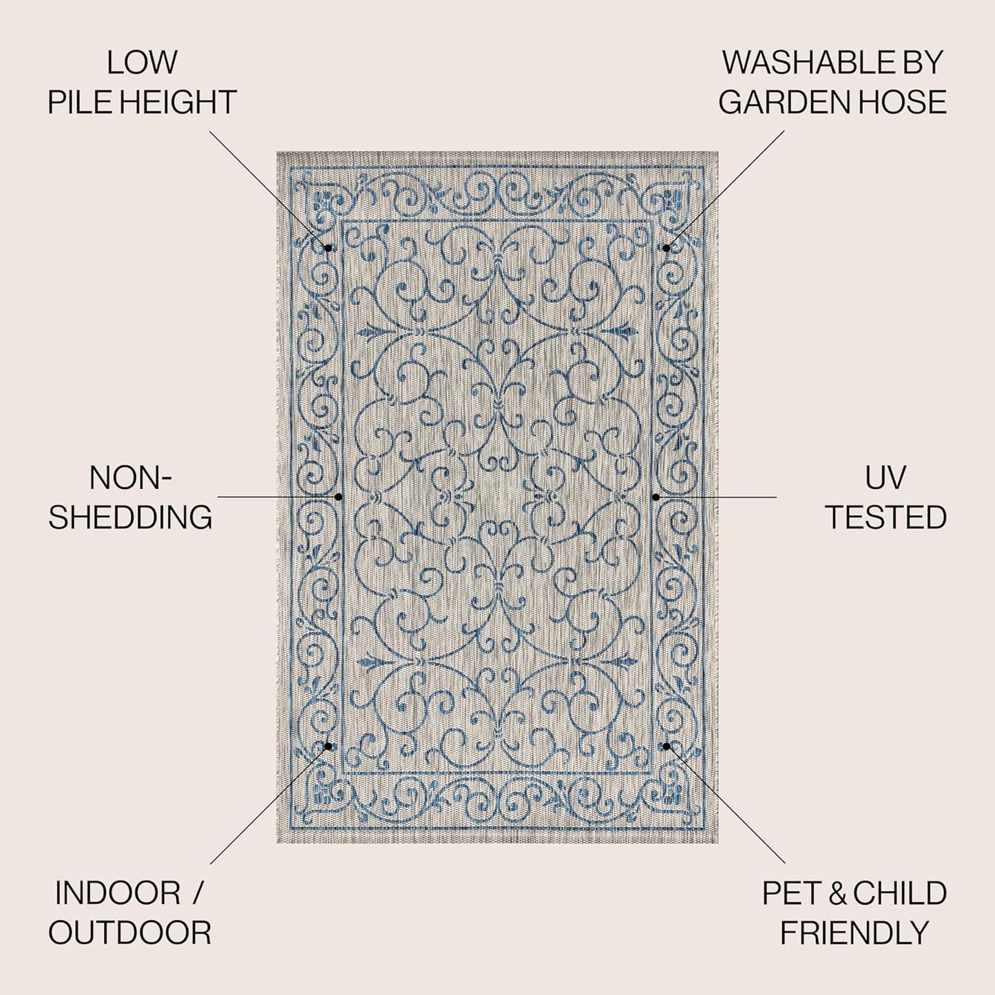 JONATHAN Y SMB106C-4 Charleston Vintage Filigree Textured Weave Indoor/Outdoor Gray/Navy 4 ft. x 6 ft. Area Rug, Classic,Easy-Cleaning,HighTraffic,LivingRoom,Backyard, Non Shedding