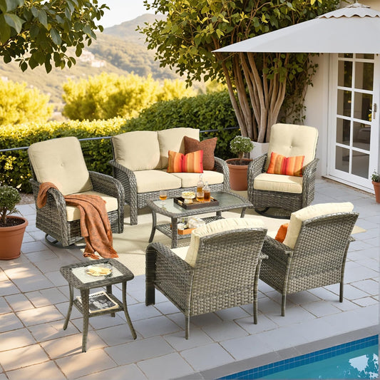 HOOOWOOO Patio Furniture Set,7 Pieces Outdoor Conversation Set,All Weather Wicker Loveseat Sofa Set with High Back Swivel Rocking Chairs Tables,Beige