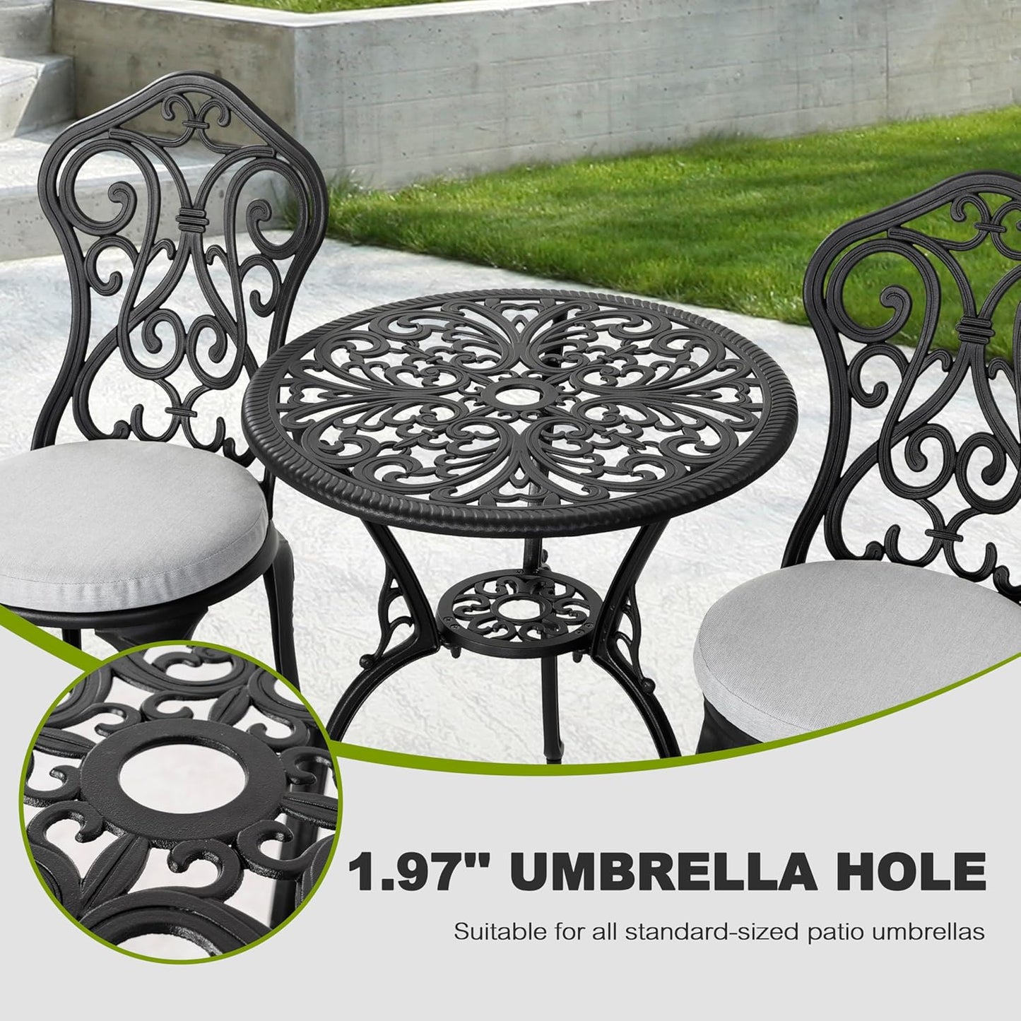 NUU GARDEN 3 Piece Outdoor Bistro Table Set, All Weather Cast Aluminum Patio Bistro Sets Patio Table and Chairs Set of 2 with Umbrella Hole for Yard, Garden, Balcony, Black