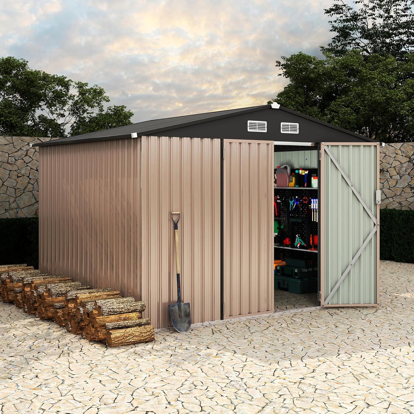 8x10 FT Metal Storage Sheds Outdoor, Metal Yard Sheds Garden Shed Kit, Tool Shed with Lockable Door, Utility Sheds Buildings with Air Vent for Backyard Garden Patio Lawn