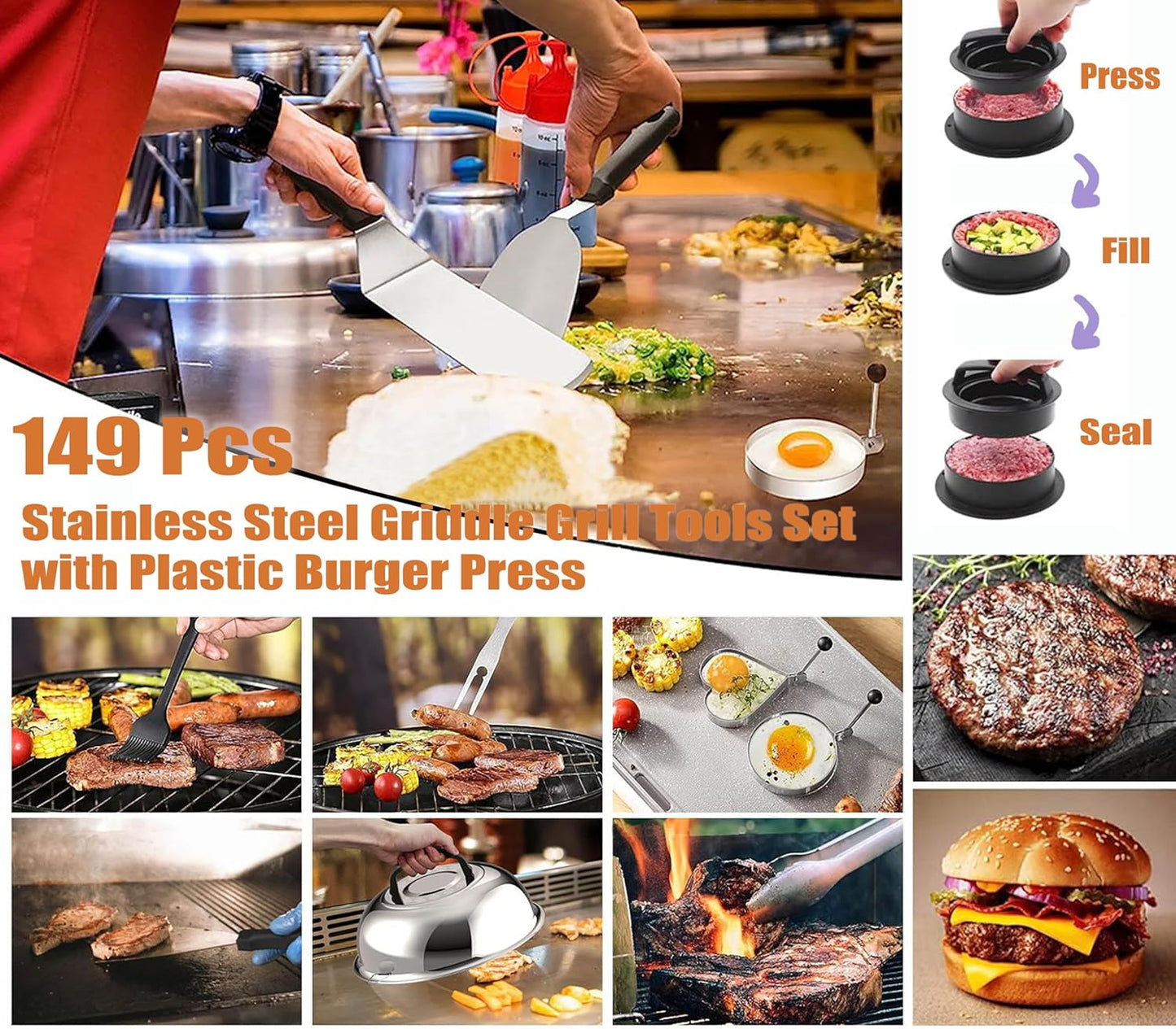 MURRI&MURRDI 149 Pcs Griddle Grill Tools Set, Stainless Steel Griddle Accessories Kit for Blackstone and Camp Chef, BBQ Grill Barbecue Tool Set with Carry Bag Barbecue Accessories Gifts for Men