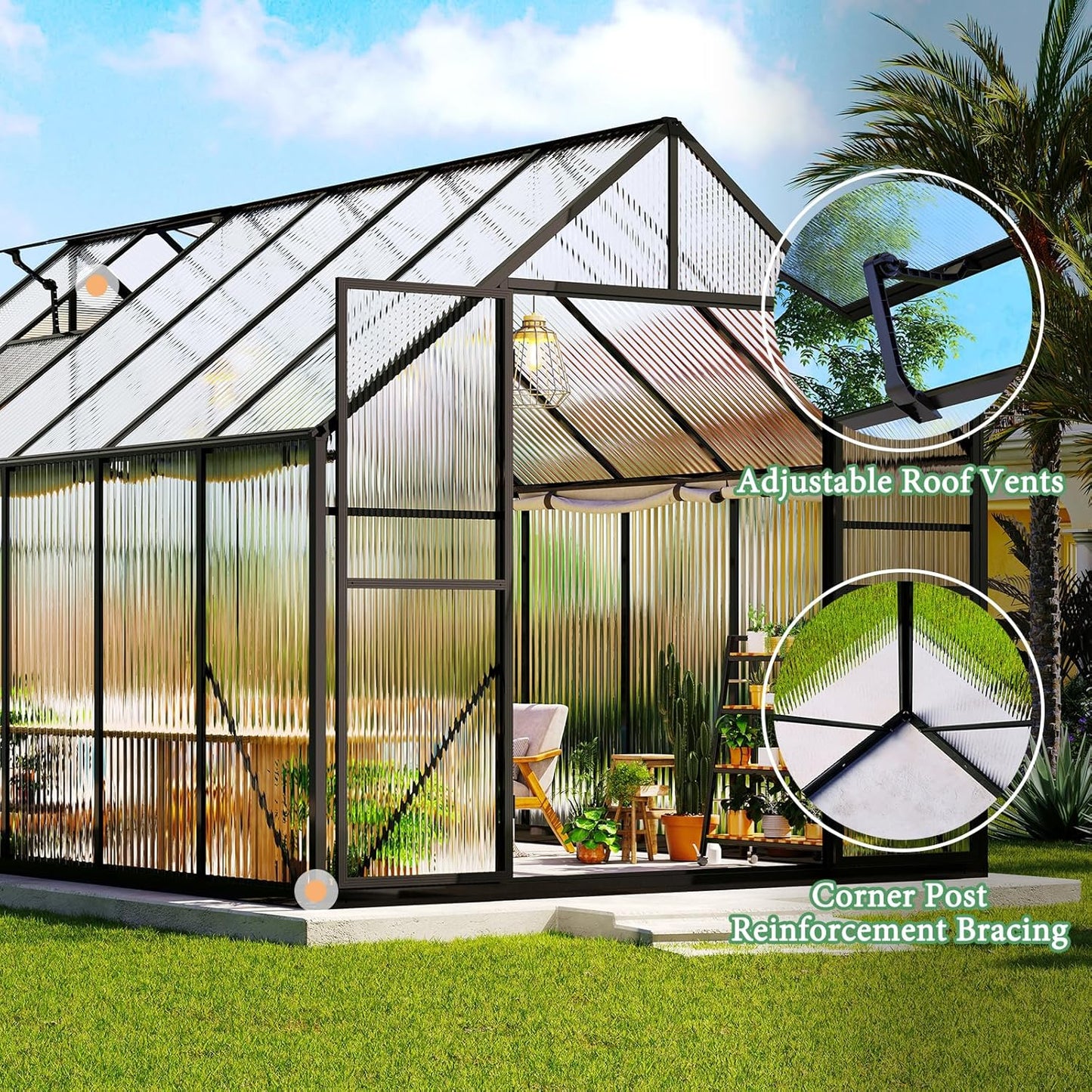 Amerlife 8x11.5x7 FT Polycarbonate Greenhouse for Outdoors, Walk-in Design with Aluminum Frame, 2 Windows and Swing Door, Heavy-Duty Greenhouse Construction for Garden, Black
