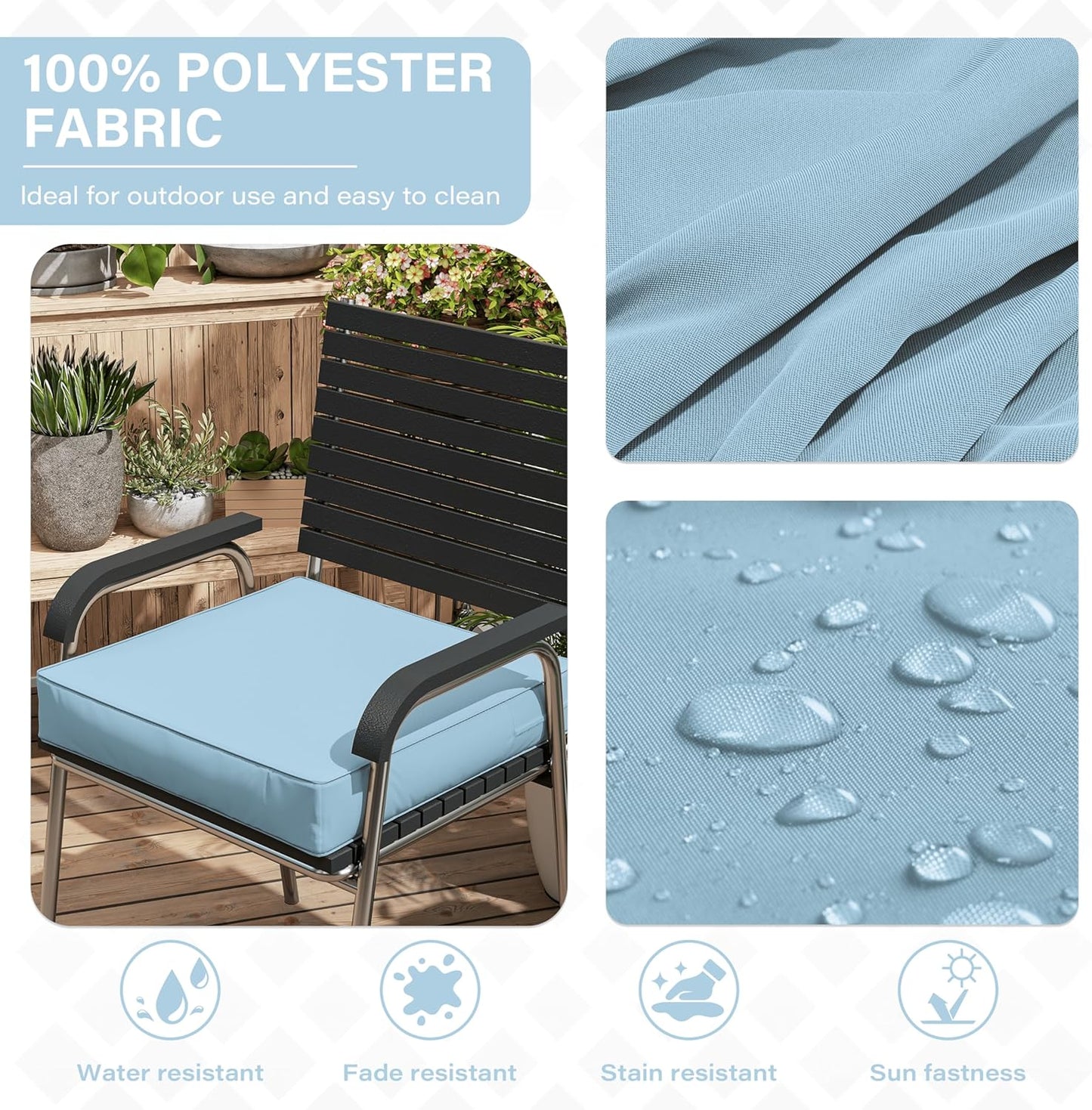 Patio Chair Cushions 18.5 X 16 X 4 Inch Waterproof Outdoor Seat Cushions for Patio Furniture, Outdoor Sofa Couch Pads with Ties & Handle, Set of 2, Light Blue