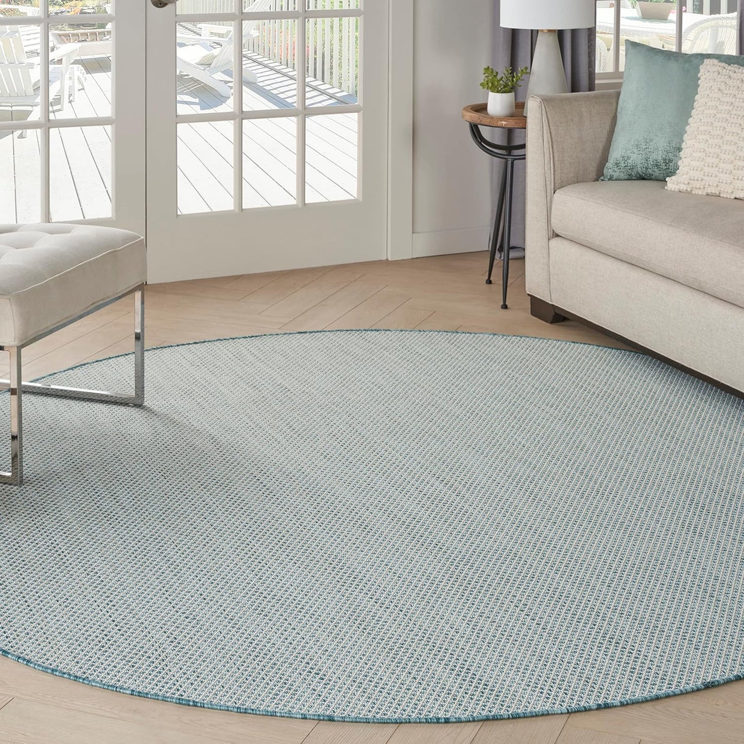 Nourison Home Courtyard 8' x Round Ivory Aqua Fabric Modern Area Rug (8' Round)