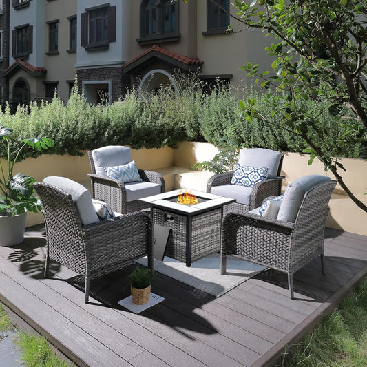 ovios 4 Pieces Patio Furniture Set with 30" Fire Pit Table, Outdoor Wicker Chairs of 4, All Weather High Back Rattan Chairs 4-Seater with Comfy Cushions, Grey