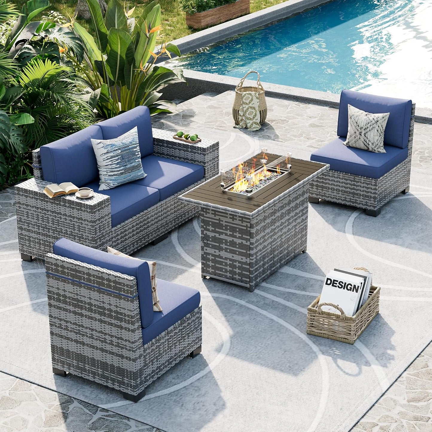 UDPATIO Patio Furniture Set with Fire Pit Table, 8 Inch Armrest Outdoor Sectional Sofa, Wicker Outdoor Furniture Conversation Sets with Waterproof Cover for Backyard Deck(Grey/Navy Blue)