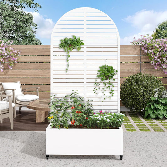 Casaphoria Metal Raised Garden Bed with Trellis and Wheels, 72"x35"x16" Arched Planter Box for Climbing Plants, Vegetables & Vines, Features Drainage Holes and Privacy Screen (White-Louvered)