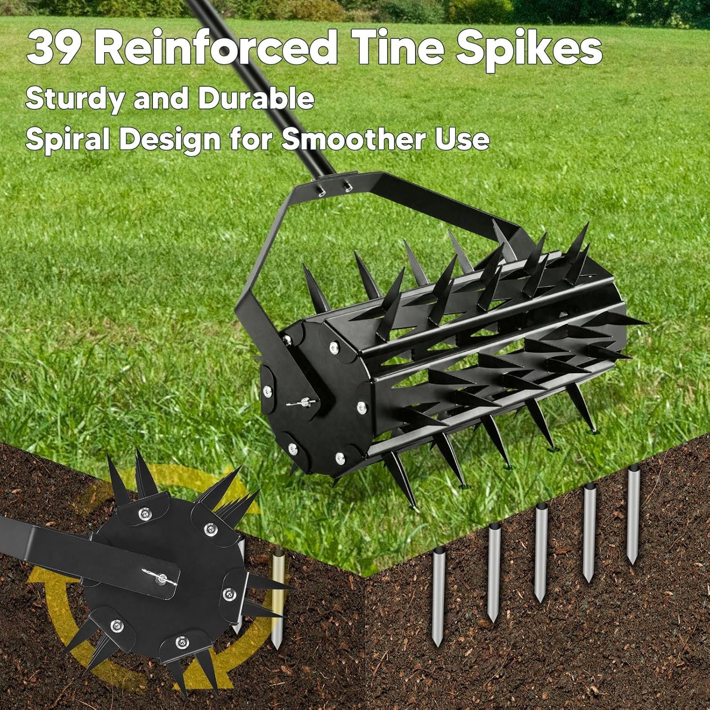 Rolling Lawn Aerator, Rotary Spike Lawn Aerator, Heavy Duty Manual Aerator Lawn Tool, 17-Inch Push Spike Aerator Roller with Adjustable Steel Handle for Garden, Lawns, Patio and Yard Grass Aeration
