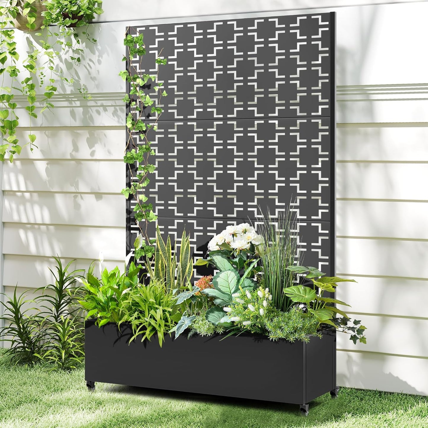 Raised Garden Bed with Trellis and Wheels,73"x47"x16" Metal Raised Garden Bed,Black Squared Metal Planter with Climbing Trellis for Vines & Vegetables