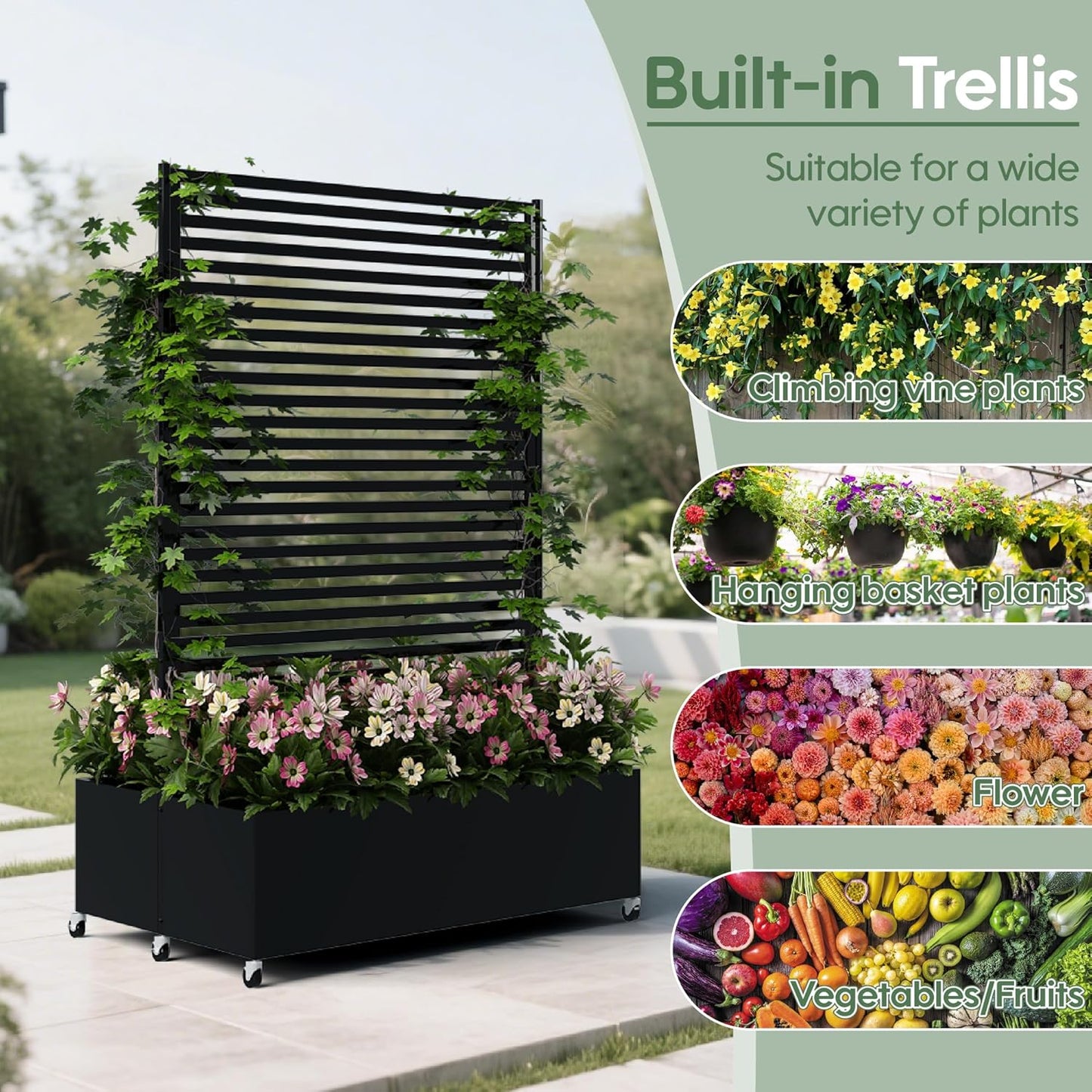 Double Metal Planter Box with Trellis Privacy Screen, Raised Garden Bed with Trellis & Wheels, Planter Box Outdoor with Drainage Holes for Climbing Plants, Vegetable, Vines,73"x 47"x 30", Black
