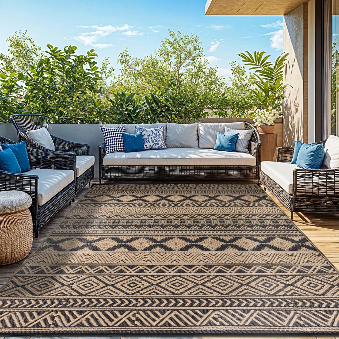 8'x10' Reversible Outdoor Rug - Eco-Friendly Plastic Straw Rug-Heavy-Duty Waterproof Mat, UV & Fade Resistant for Patio, Camping, RV, Deck, Balcony(8x10,Black&Brown)