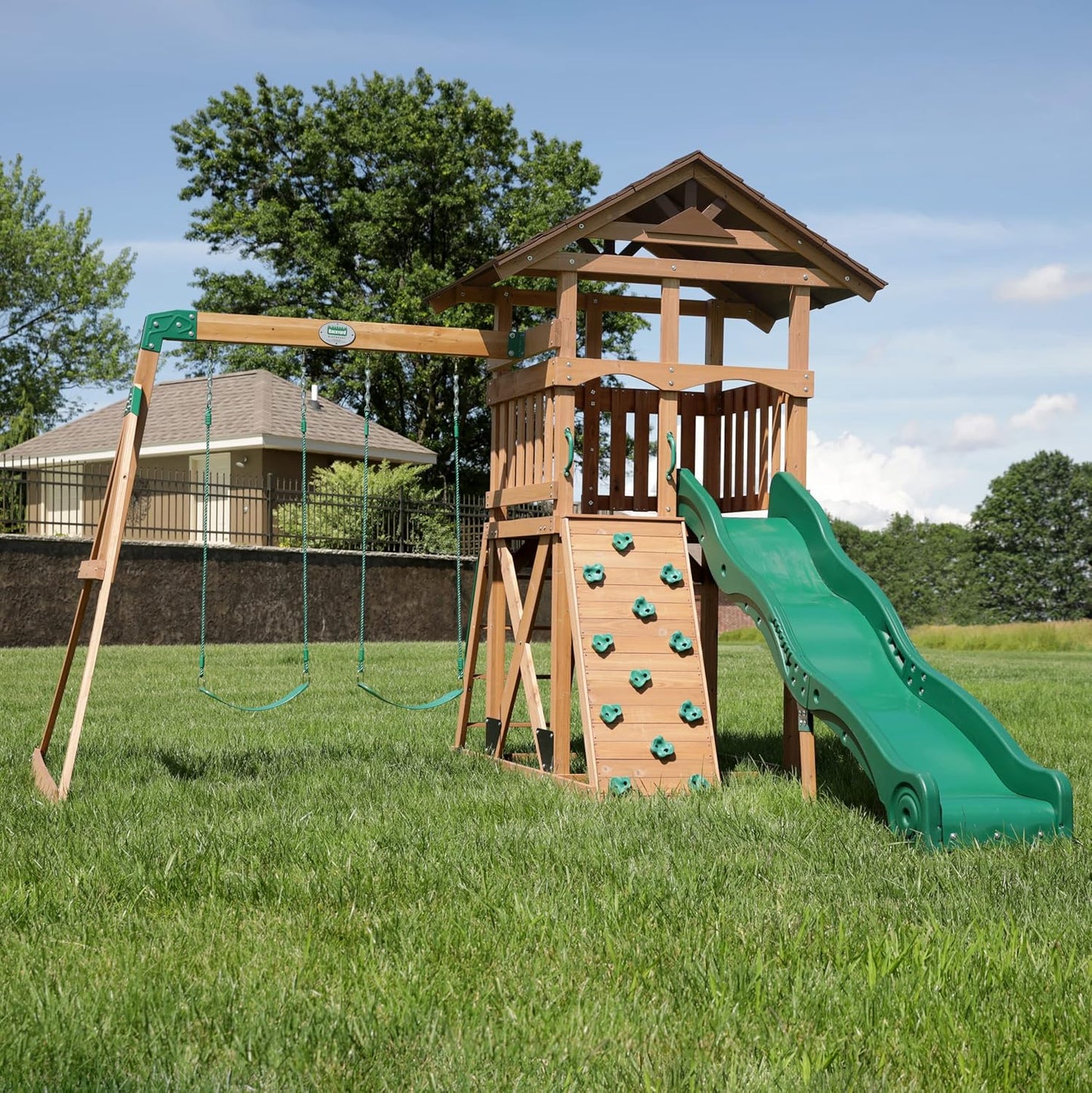Backyard Discovery Lightning Ridge Cedar Wood Swing Set with Wave Slide, Play Deck, Rock Wall, Sandbox, Belt Swings, Toy Telescope, Steering Wheel, Step Ladder, Outdoor Playset