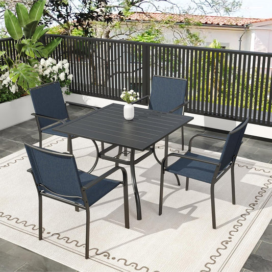 Anumutig 5-Piece Outdoor Dining Set, 35 Inch Square Patio Table with 4 Stackable Patio Chairs, All Weather Frame Furniture Set - Navy