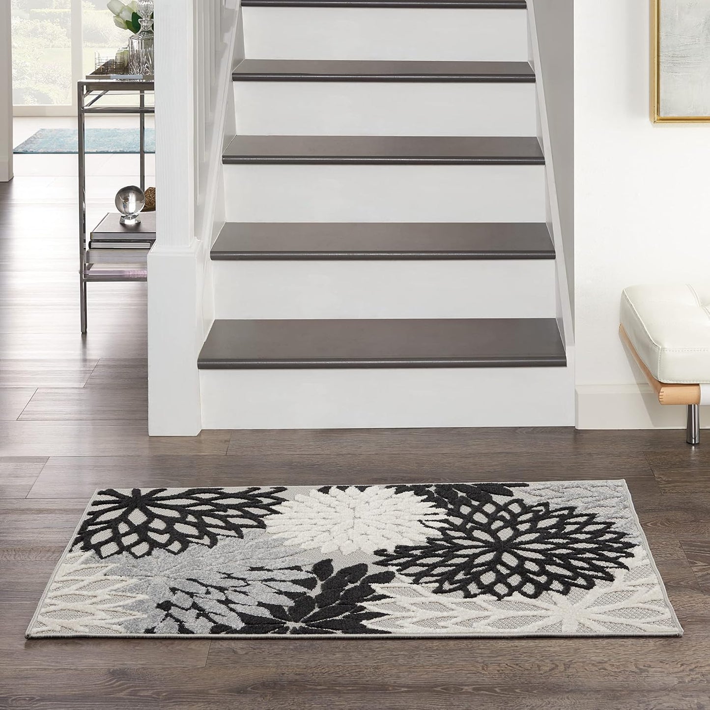 Nourison Aloha Indoor/Outdoor Black White 2'8" x 4' Area Rug, Tropical, Botanical, Easy Cleaning, Non Shedding, Bed Room, Living Room, Dining Room, Deck, Backyard, Patio (3x4)