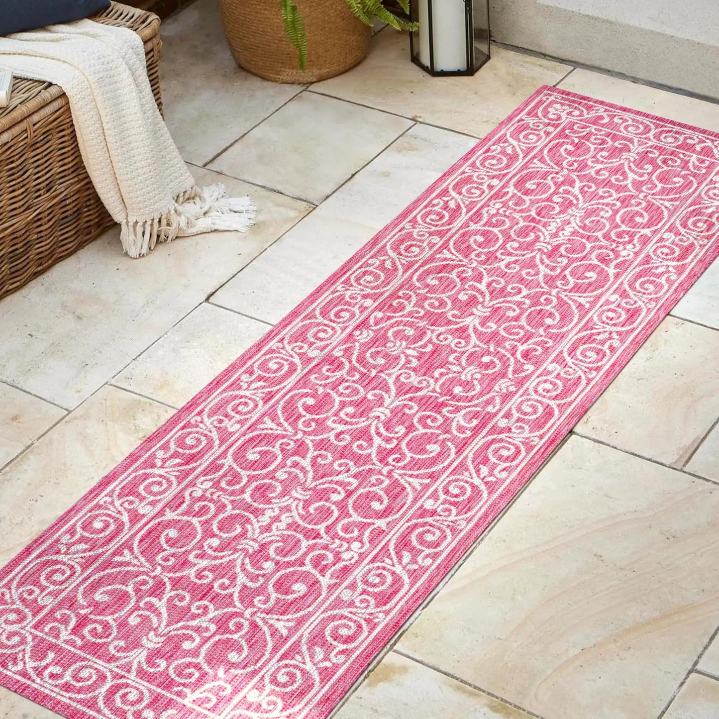 JONATHAN Y SMB106J-28 Charleston Vintage Filigree Textured Weave Indoor Outdoor Runner Rug, Classic Traditional Transitional Easy Cleaning,Bedroom,Kitchen,Backyard,Patio, Fuchsia/Light Gray, 2 X 8