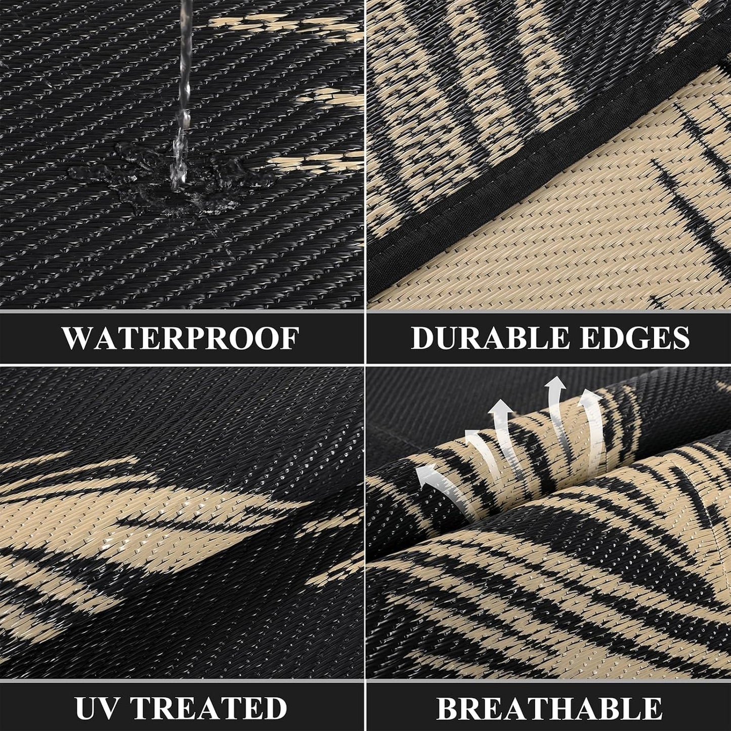 Pauwer Waterproof Outdoor Rug 6x9, Reversible Plastic Straw Patio Camping Rug, Indoor Outdoor RV Mat Carpet for Deck, Camper, Porch, Balcony, Backyard, Picnic, Leaf Black Brown