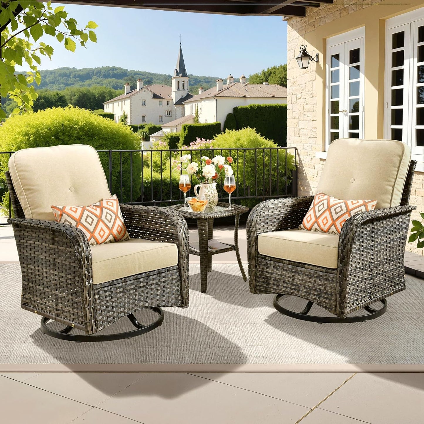 ovios 3 Pieces Patio Furniture Set, Outdoor Rocking Chairs of 2, Wicker Swivel Glider Chairs with Side Table Thick Cushions, All Weather Rattan Bistro Set for Porch, Beige