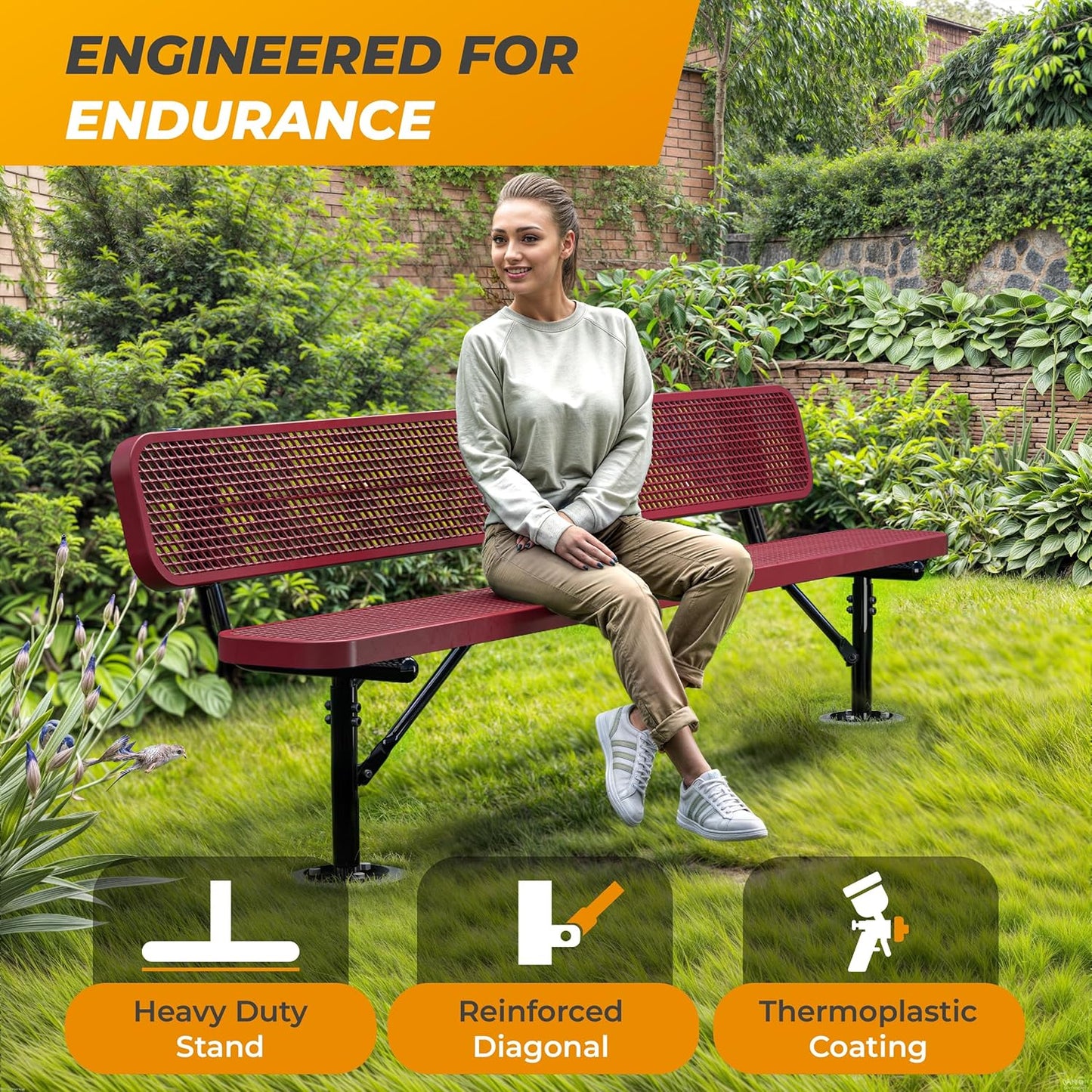 Heavy-Duty Outdoor Metal Bench, Thermoplastic-Coated, Surface, Weatherproof, Commercial-Grade for Parks, Gardens, Patios, Stores & More (8 Ft - Surface with Back, Red)