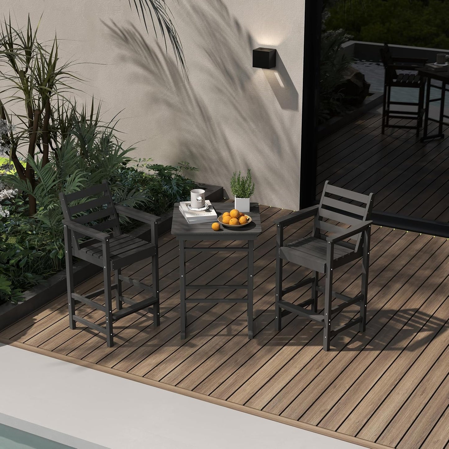 Outdoor Bar Set, 3-Piece HDPE Balcony Set with 2 Tall Adirondack Chairs and Bar Table, All-Weather Bar Height Stools for Patio, Backyard, Poolside (Black)