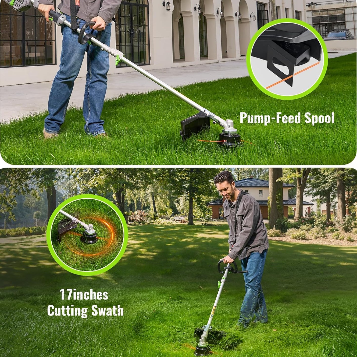60V Lithium Ion Cordless String Trimmer, 17 Inch Two Speed Brushless String Trimmer with 5.0Ah Battery and Charger