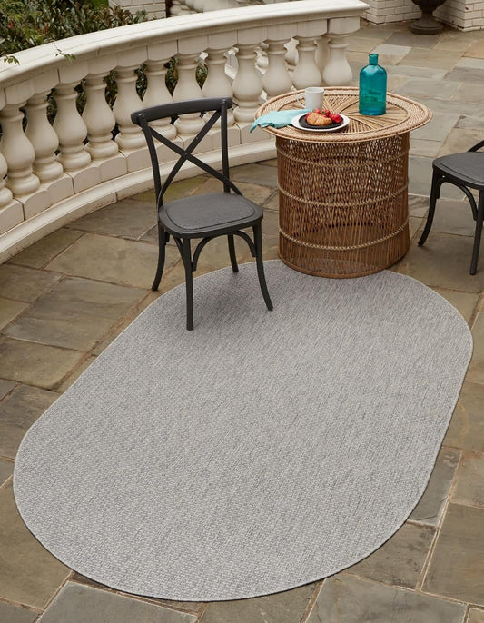 Unique Loom Collection Casual Transitional Solid Heathered Indoor/Outdoor Flatweave Area Rug (3' 3" x 5' 3" Oval, Light Gray/Ivory)