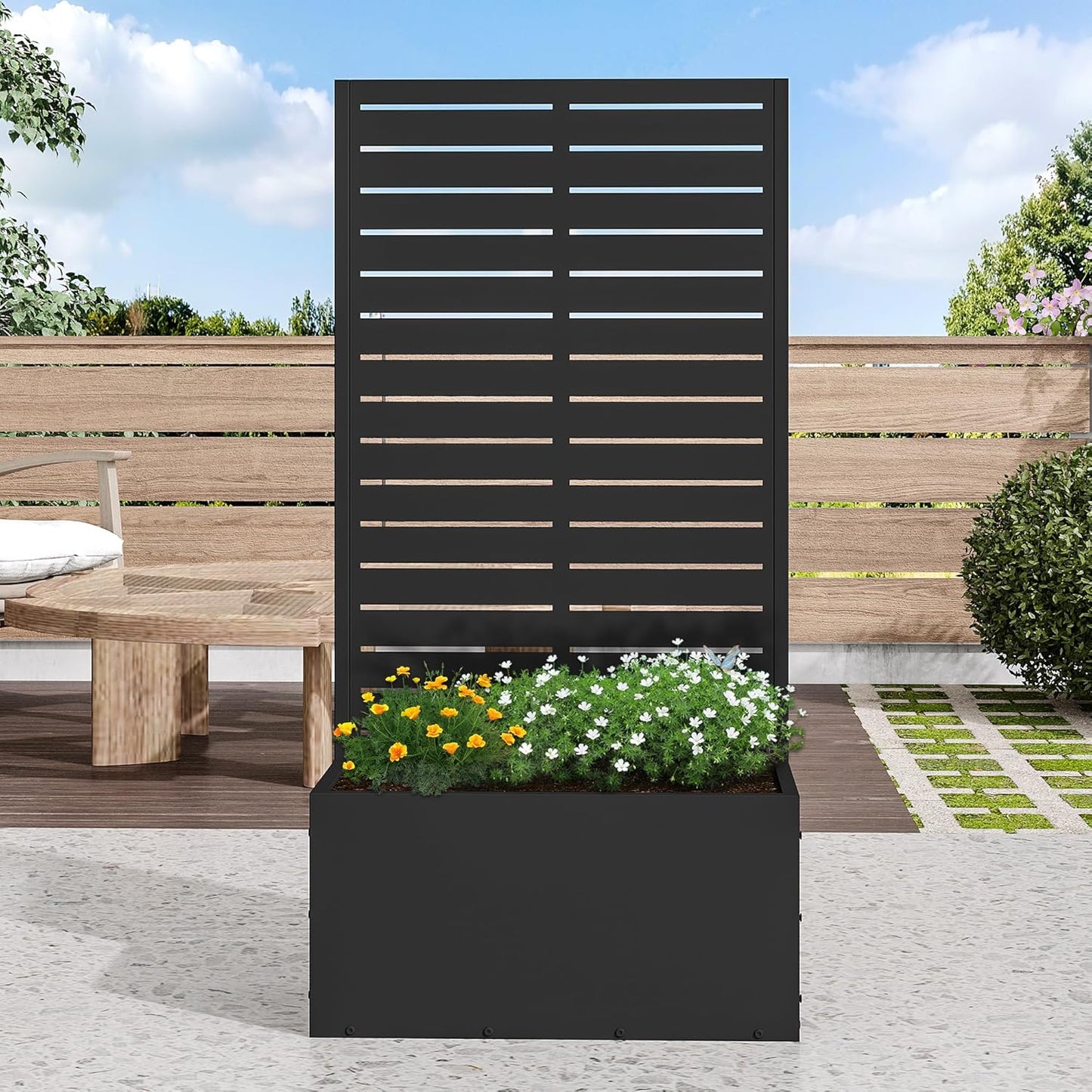 Casaphoria Metal Raised Garden Bed, 47"x24"x12" Planter Box for Climbing Plants, Vegetables & Vines, Features Drainage Holes and Privacy Screen (Black-Louvered)