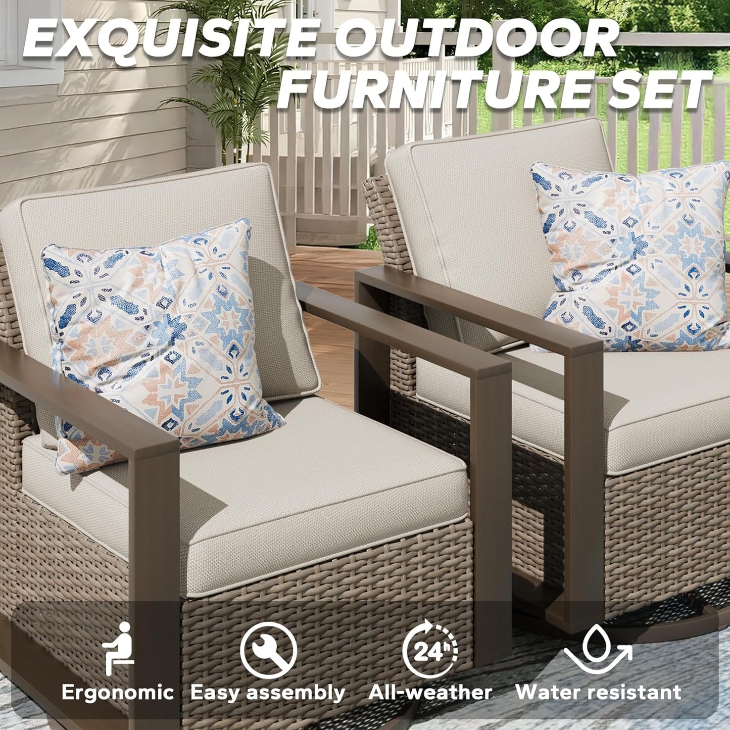 Outdoor Swivel Rocker Metal Chairs Set of 2 with Small Coffee Table - 3 Pieces Patio Bistro Set with Rectangular Framed Wood-Looking Metal Armrest, 360 Degree Glider Chairs, Beige