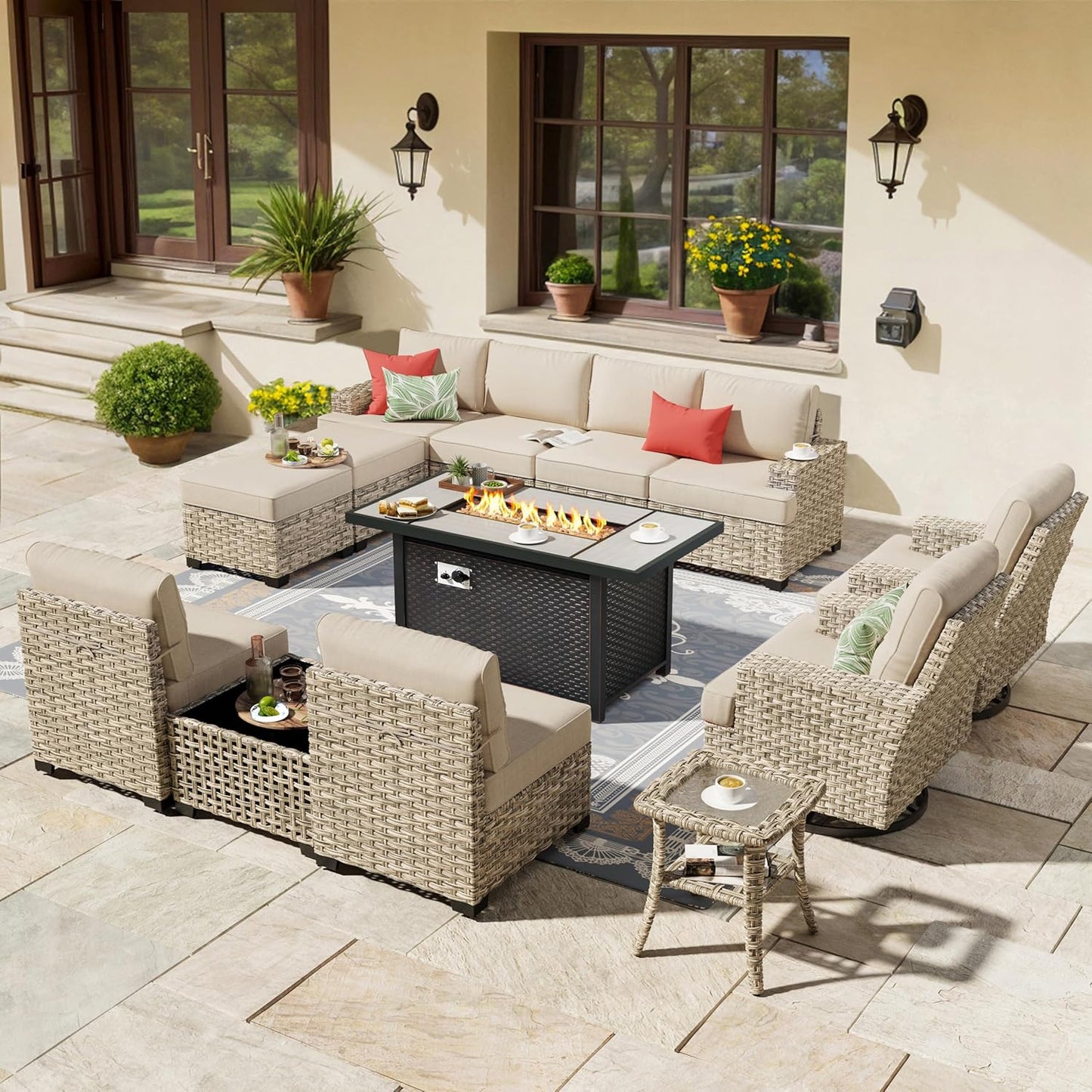 HOOOWOOO Outdoor Sectional Patio Furniture Set with Fire Pit Table,13 Pieces Wicker Conversation Sets L Shaped Couch,Extra Deep Out Door Sofa Outside Furniture with Swivel Chairs Ottomans,Beige