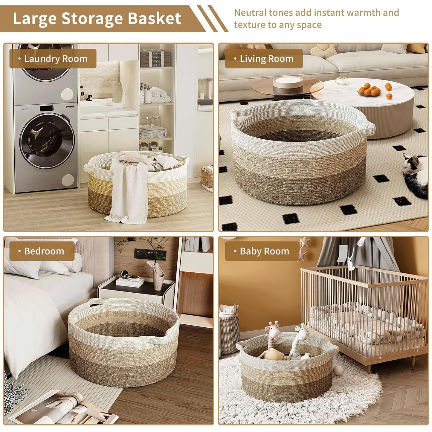 125L Extra Large Blanket Basket, 25" x 16", Jumbo Laundry Woven Basket Decorative Home, Cotton Rope Basket with Handles, Baby Toy Basket for Storage, Gradual Brown